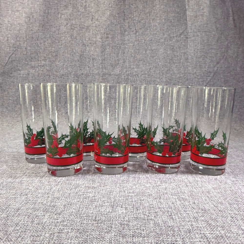 VTG Libbey Christmas Holly & Berries Holiday Glasses Set 8 Red Holiday Festive